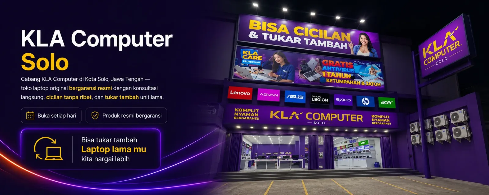 KLA Computer Solo &mdash; toko laptop original bergaransi resmi di Kota Surakarta, buka setiap hari. Bisa tukar tambah laptop lama.