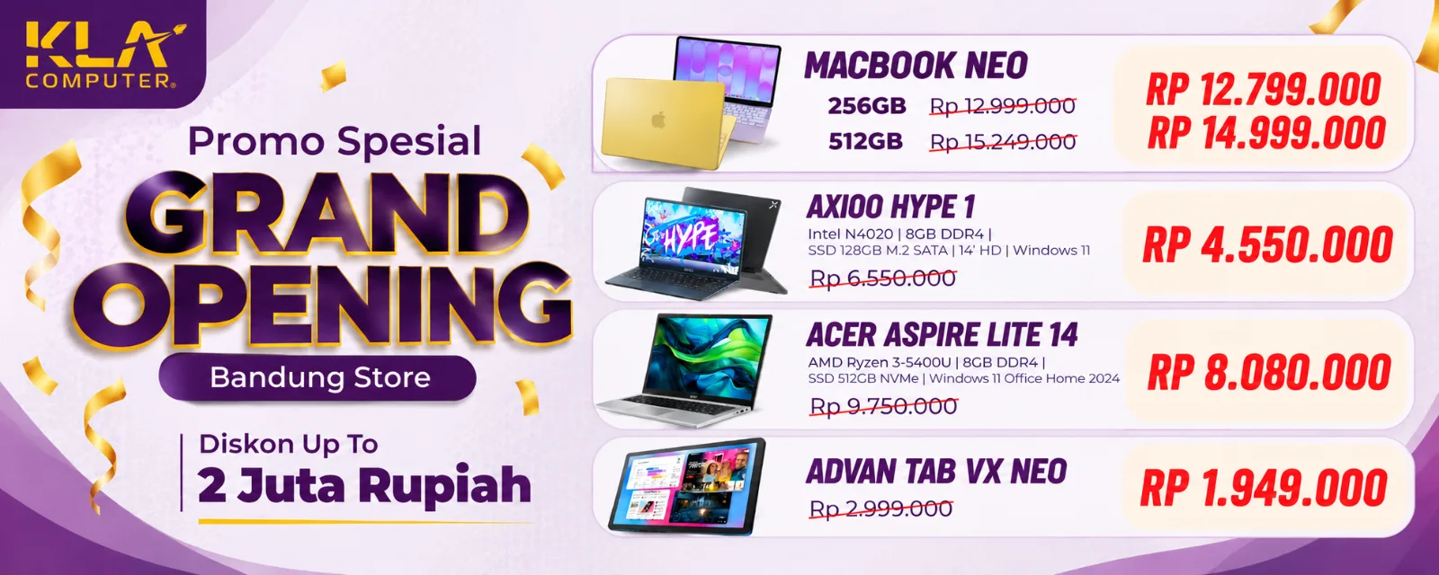 Promo Grand Opening Bandung: MacBook Neo, Axioo Hype 1, Acer Aspire Lite 14, Advan Tab VX Neo harga spesial